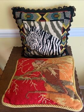 Zebra and Monkey Needlepoint Throw Pillows - Multicolor Set